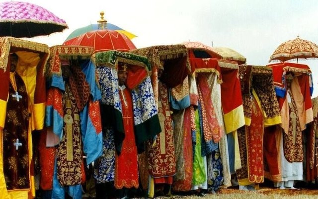 The Festival of Timket with processions of priests carrying replicas of the Ark of Covenant